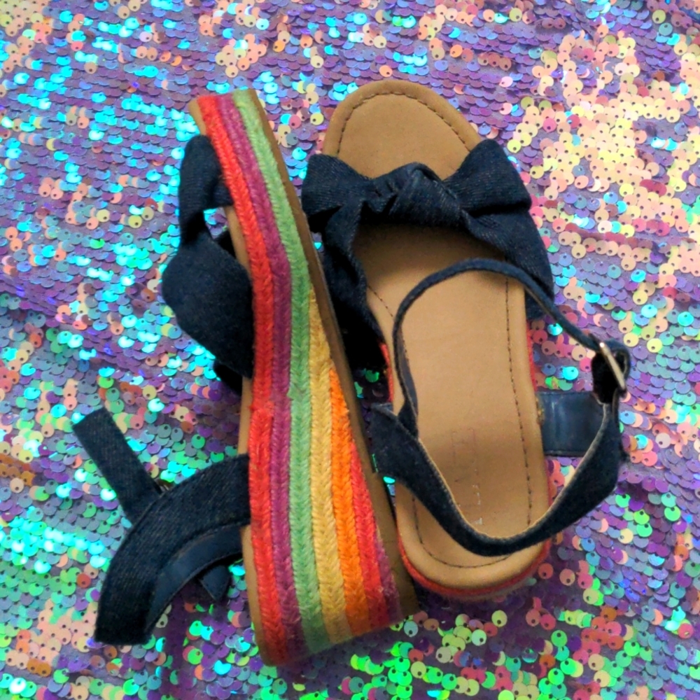 Faux leather and denim wedge sandals size 2.